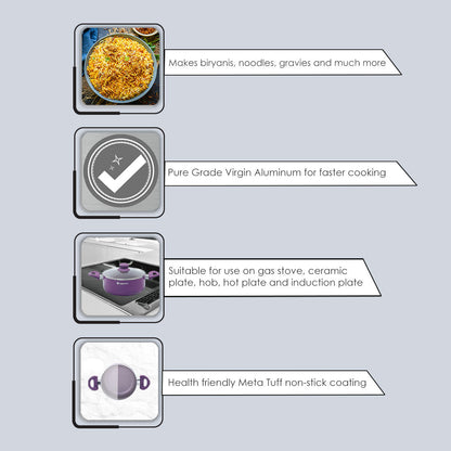 Royal Velvet Non-stick Casserole with Lid, Induction Bottom, Soft Touch Handle, Pure Grade Aluminium, PFOA/Heavy Metals Free- 3mm, 2 Years Warranty, Purple