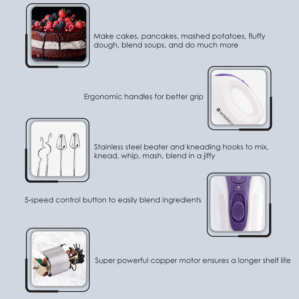 Acura Plus Hand Mixer, 200W, 5 Speed Setting, Stainless Steel Beater and Kneading Hooks, 2 Years Warranty, Bakeware