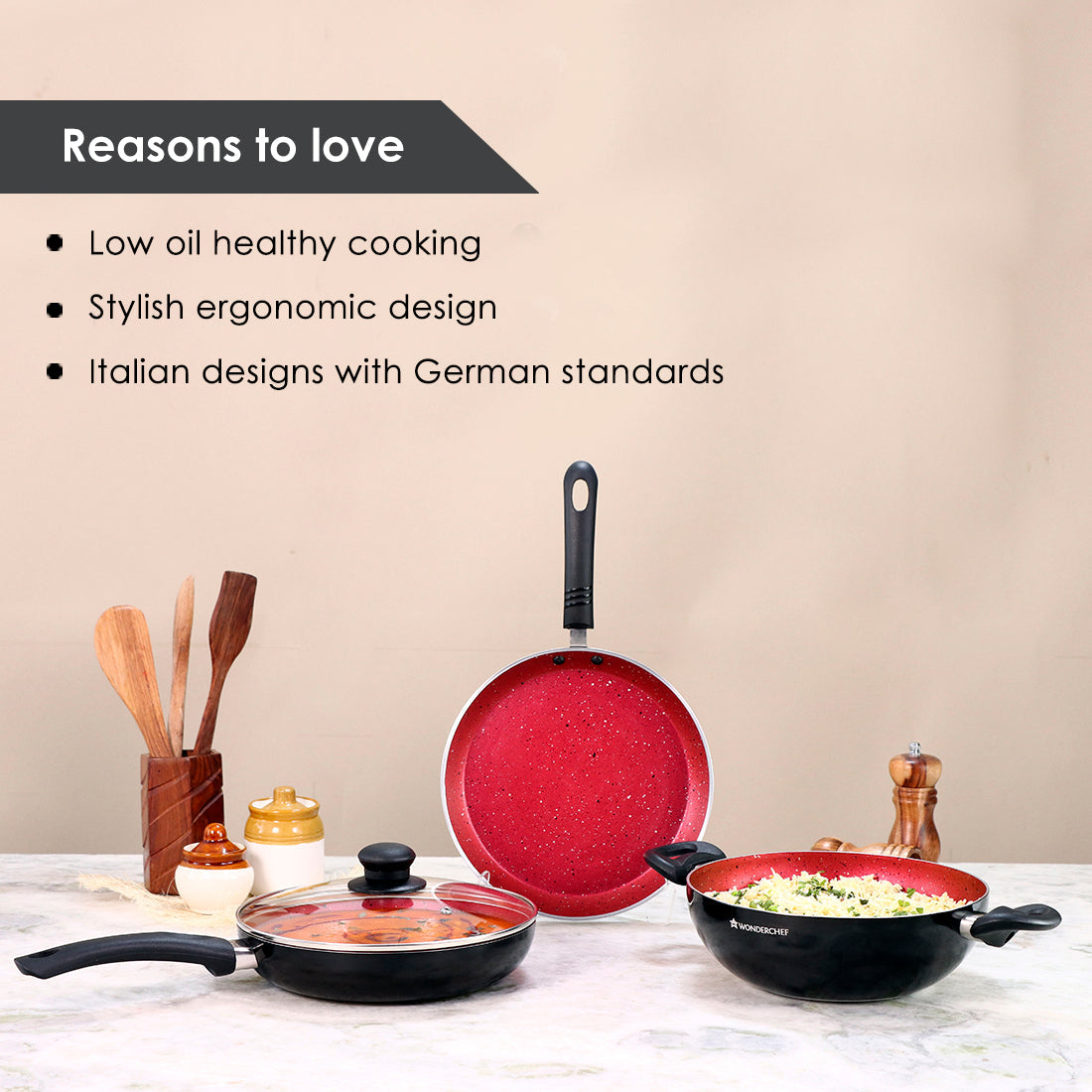 Ruby Set Red 24 cm, Wok. Fry-Pan, Dosa Tawa, Non-Stick - Meta Tuff, Glass Lid with Steam vent