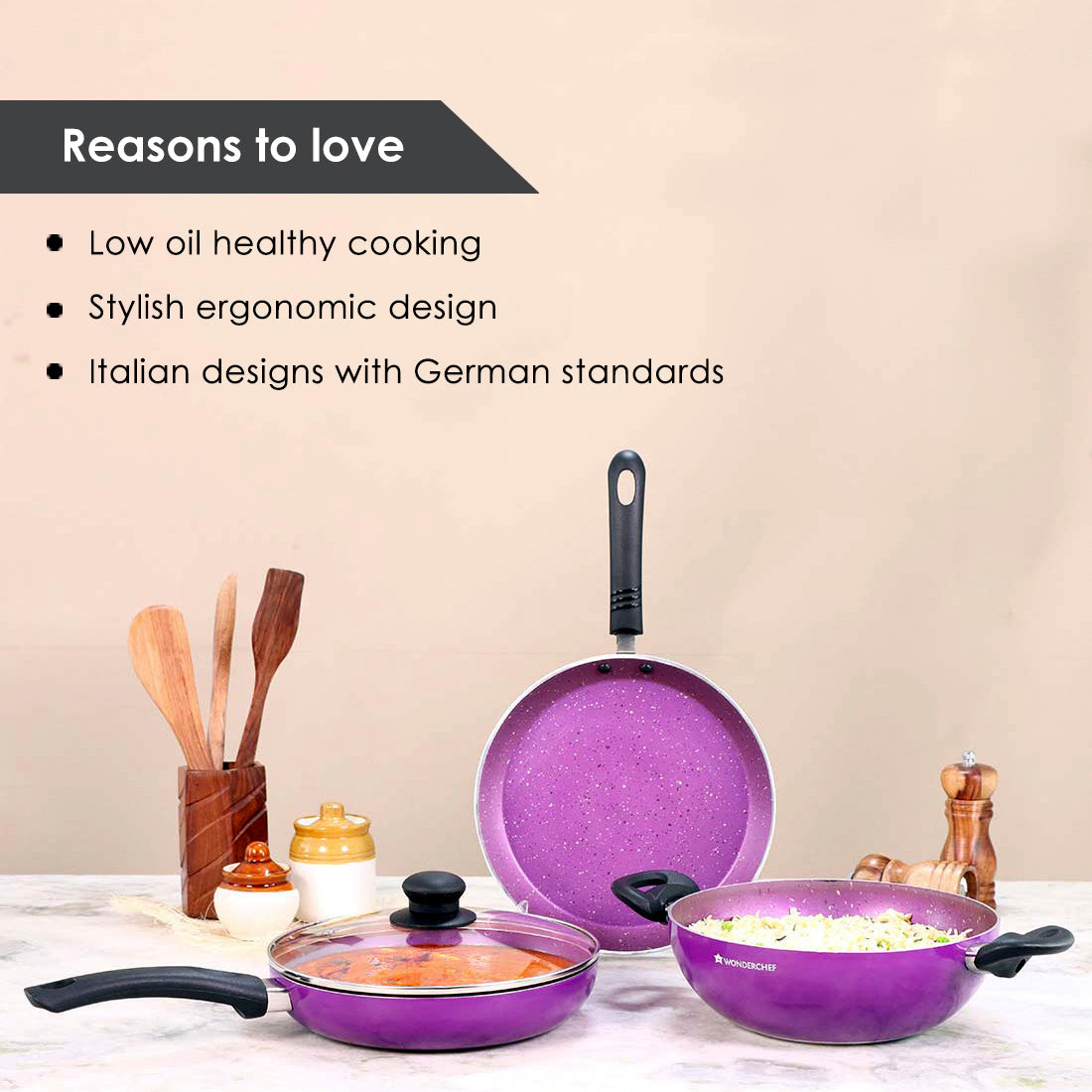 Ruby Set Purple 24 cm, Non- Stick, Meta Tuff, Wok, Fry Pan, Dosa Tawa, Pure grade Aluminum