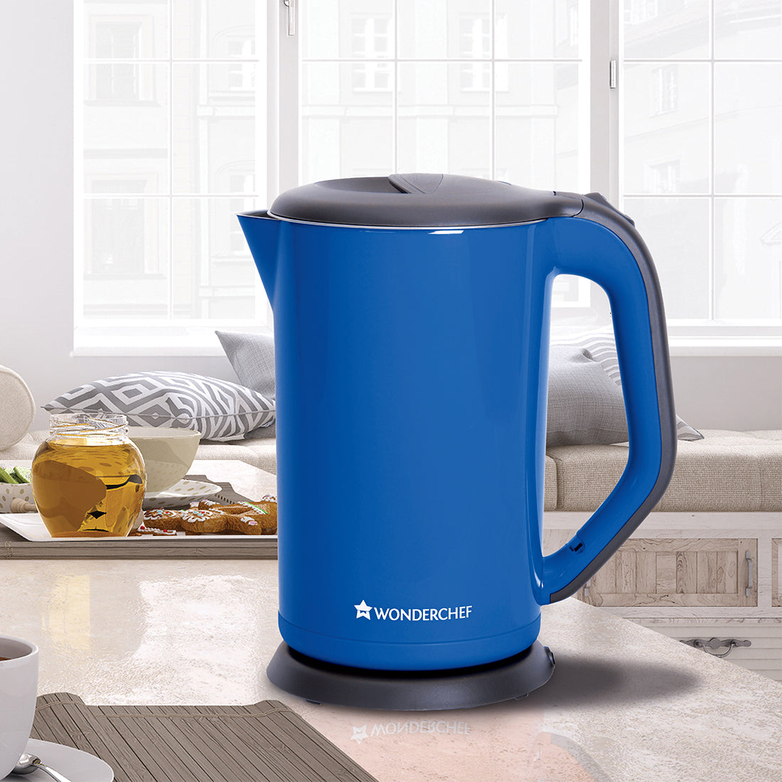 Luxe Automatic Electric Kettle, 1.7 Litres, Cool-Touch Plastic Exterior, Stainless Steel Interior, Wide Mouth, 1800W, 1 Year Warranty, Blue