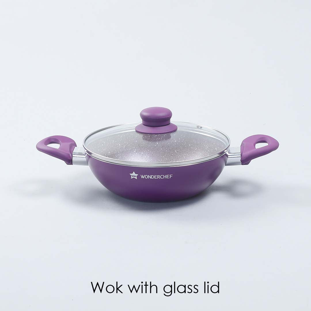 Royal Velvet Non-stick Wok with Lid, Induction bottom, Soft-touch handle, Virgin grade aluminium, PFOA/Heavy metals free, 3 mm, 2 years warranty, Purple