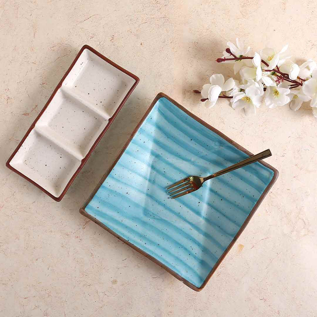 Teramo Stoneware Square Deep Platter 8" x 8" Blue  and 3 Portion Large Tray Blue