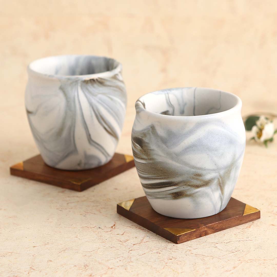 Teramo Stoneware Kullad - Marble White (Set of 2)