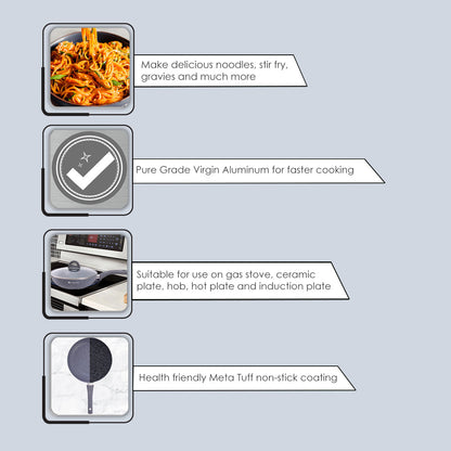 Granite Non-stick Wok, Induction bottom, Soft-touch handles, Virgin grade aluminium, PFOA/Heavy metals free, 3.5mm, 2 years warranty, Grey