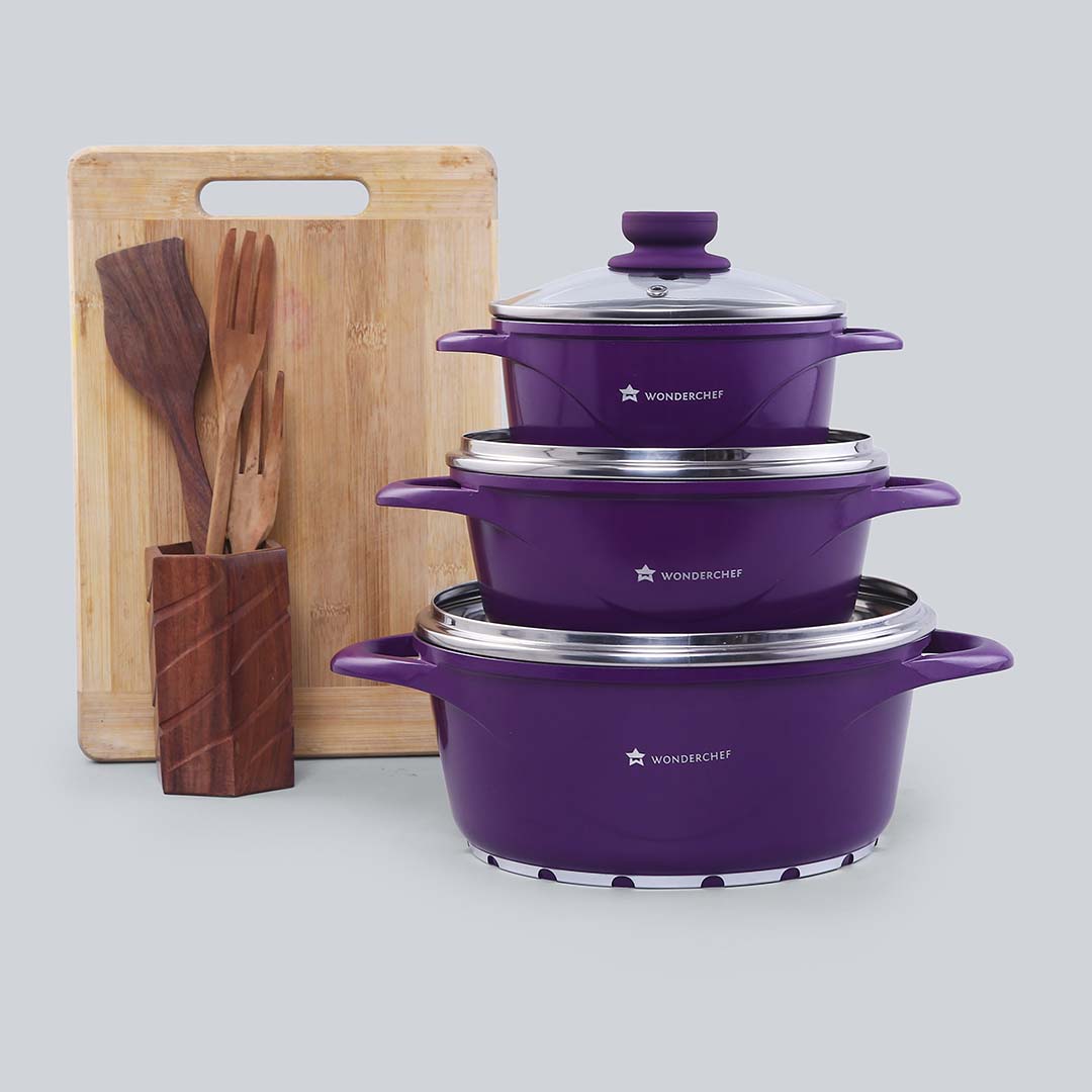 Ceramide Excellence Casserole Set, 3Pc (1200ML, 2000ML, 3500ML), Induction Friendly, Glass Lid, 2 Years Warranty, Purple