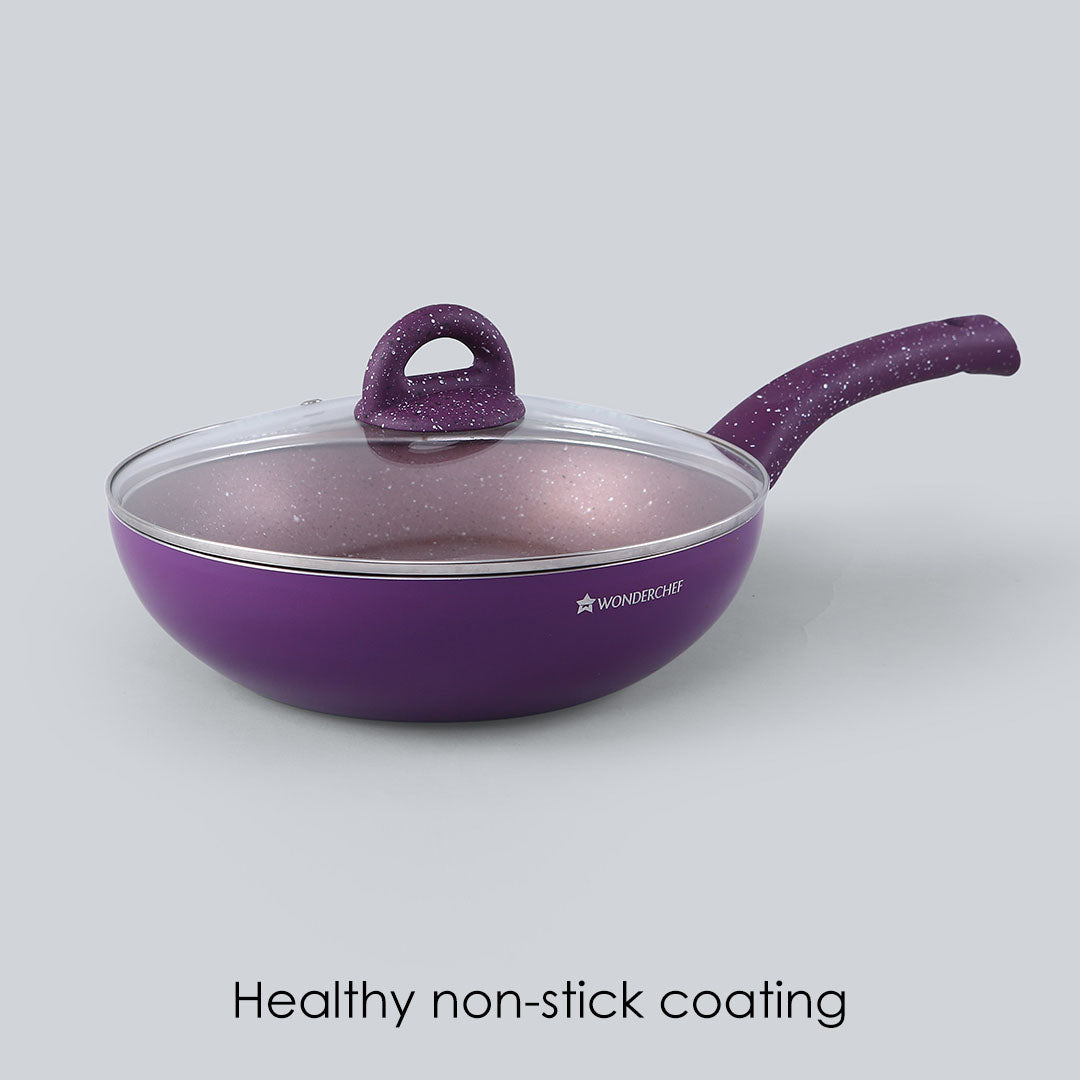 Granite Aluminium Non-stick  Wok with Glass Lid, 24cm, 2.7L, 3.5mm, Purple, Compatible On Hot Plate, Hobs, Gas Stove, Ceramic Plate And Induction, 2 Years Warranty