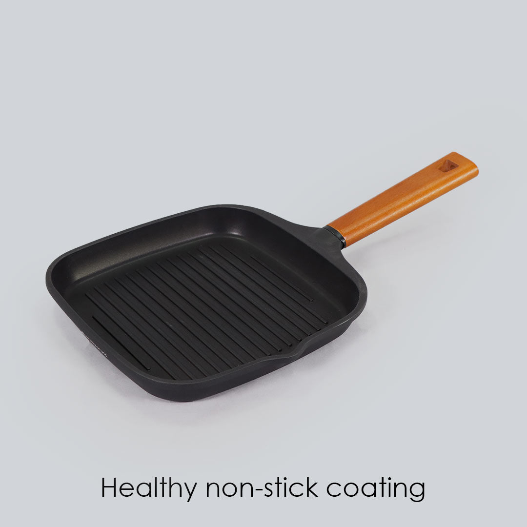 Caesar Non-stick Grill Pan With Wooden Handle, Pure Grade Aluminium, Induction Friendly, 24cm, 1.4L, 5mm, 5 Years Warranty, Black