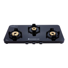 Load image into Gallery viewer, Slimline 3 Burner Glass Cooktop, Black 7mm Thick Toughened Glass with 2 Years Warranty, Ergonomic Knobs, Black Powder-coated Drip Tray, Manual Ignition Gas Stove