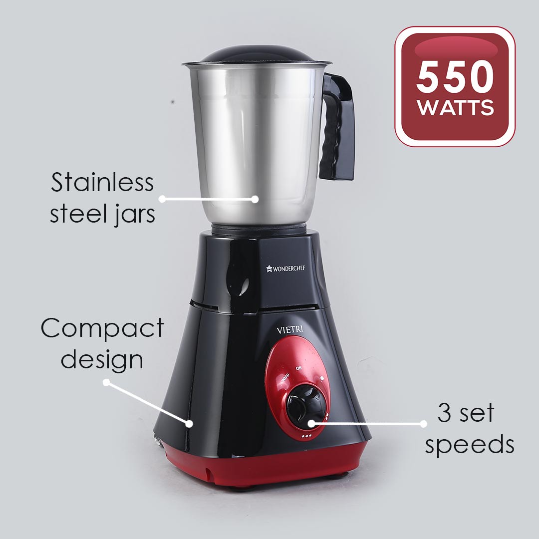 Vietri Mixer Grinder, 550Wwith 3 Anti-rust Stainless Steel Jars and Blades, 3-speed Knob, Anti-skid Feet, 5 Years Warranty on Copper Armature Motor, Black & Red