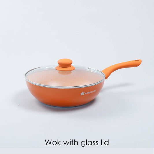 Royal Velvet Plus Non-stick Cookware Set, 4Pc (Wok with Lid, Fry Pan, Dosa Tawa), Induction Bottom, Soft Touch Handle, Pure Grade Aluminium, PFOA Free, 2 Years Warranty,  Orange