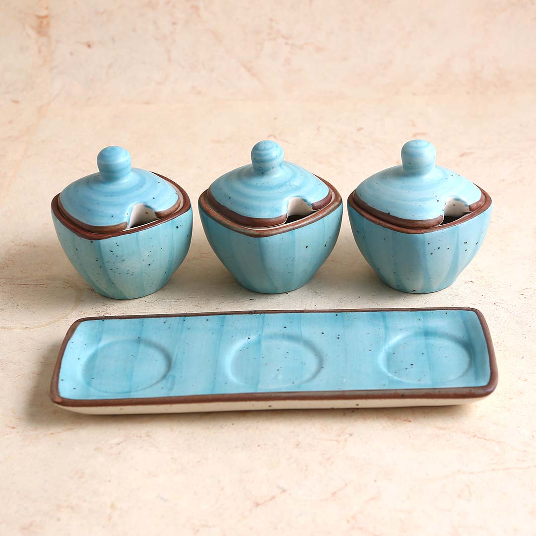 Teramo Stoneware 3 pcs Pickle Set with Lid & Tray  Blue and Salt & pepper Set Blue