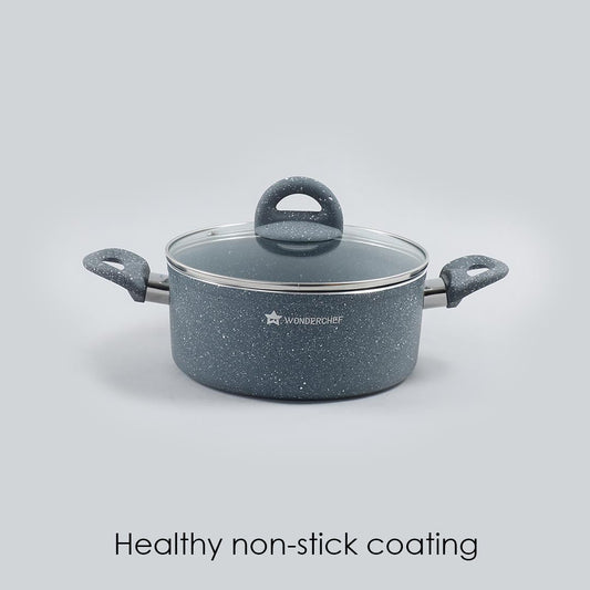 Granite Non-stick Casserole, Induction bottom, Soft-touch handles, Virgin grade aluminium, PFOA/Heavy metals free, 3.5mm, 2 years warranty, Grey - Wonderchef