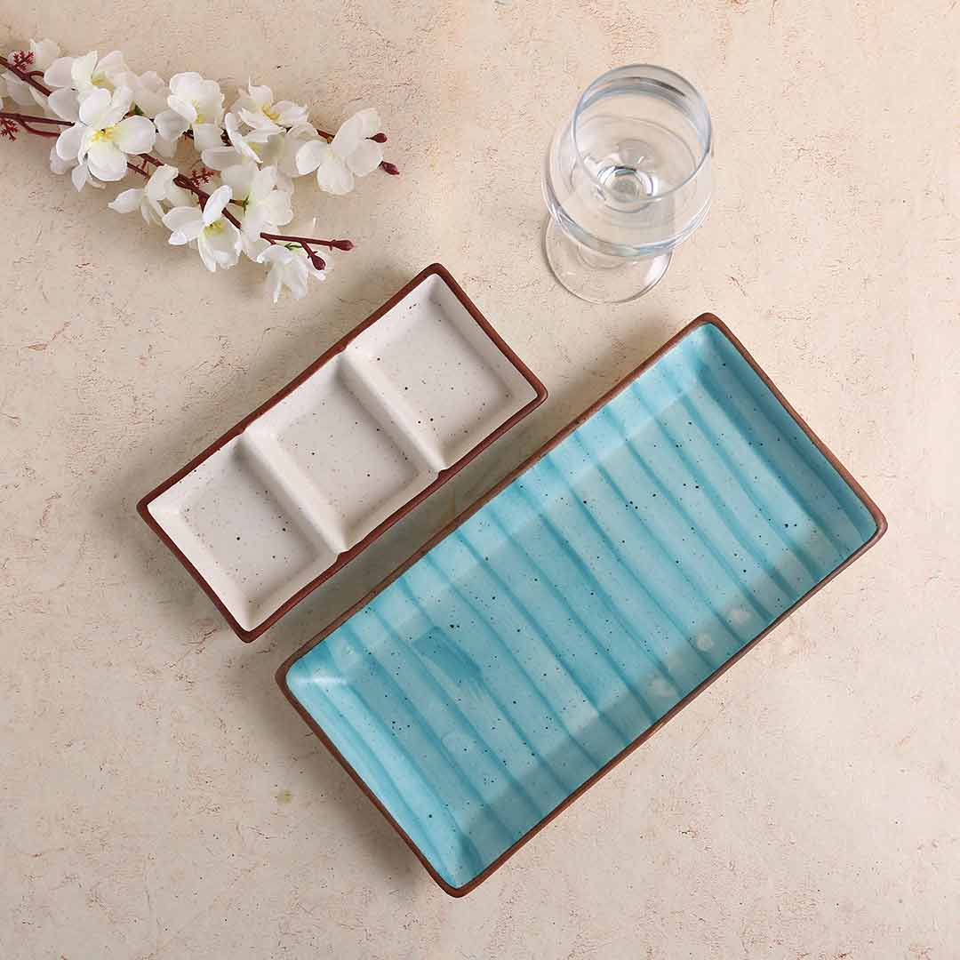 Teramo Stoneware Rectangular Platter 12" x 6"  Blue and 3 Portion Large Tray Blue