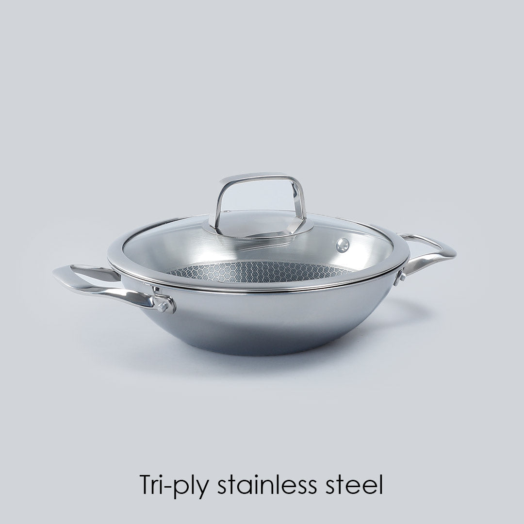 Stanton Stainless Steel Non-stick Kadhai With Lid- 28cm, 3.4L, 2.5mm