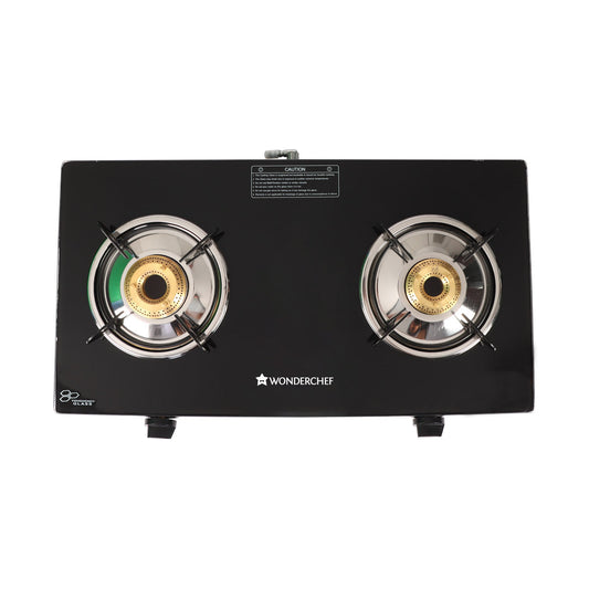 Glory 2 Burner Glass Cooktop, Stainless Steel Drip Tray, Black Toughened Glass with 2 Year Warranty,  Manual Ignition Gas Stove