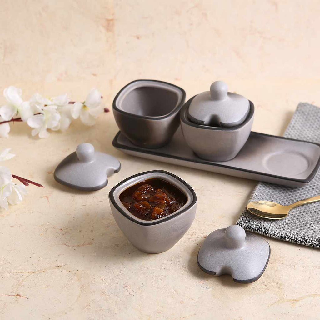 Teramo Stoneware 3 pcs Pickle Set with Lid & Tray Grey and Salt & pepper Set Grey