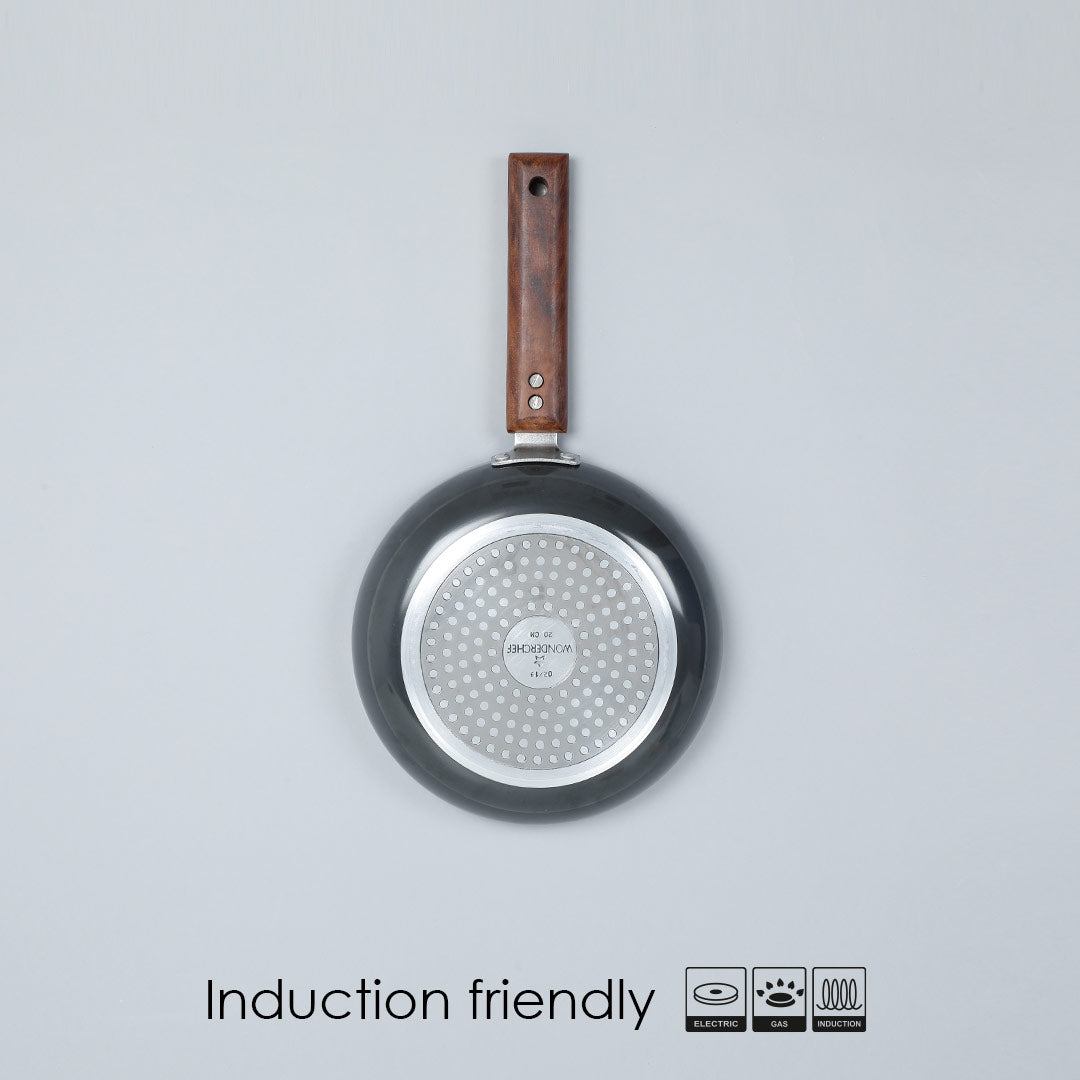 Ebony Deep Fry Pan, Induction Bottom, Wooden Handle, Hard Anodized Aluminium- 16.5cm, 750ml, 3.25mm, 5 Years Warranty, Grey