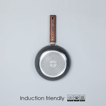 Ebony Deep Fry Pan, Induction Bottom, Wooden Handle, Hard Anodized Aluminium- 16.5cm, 750ml, 3.25mm, 5 Years Warranty, Grey