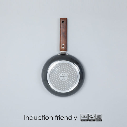 Ebony Deep Fry Pan, Induction Bottom, Wooden Handle, Hard Anodized Aluminium- 16.5cm, 750ml, 3.25mm, 5 Years Warranty, Grey