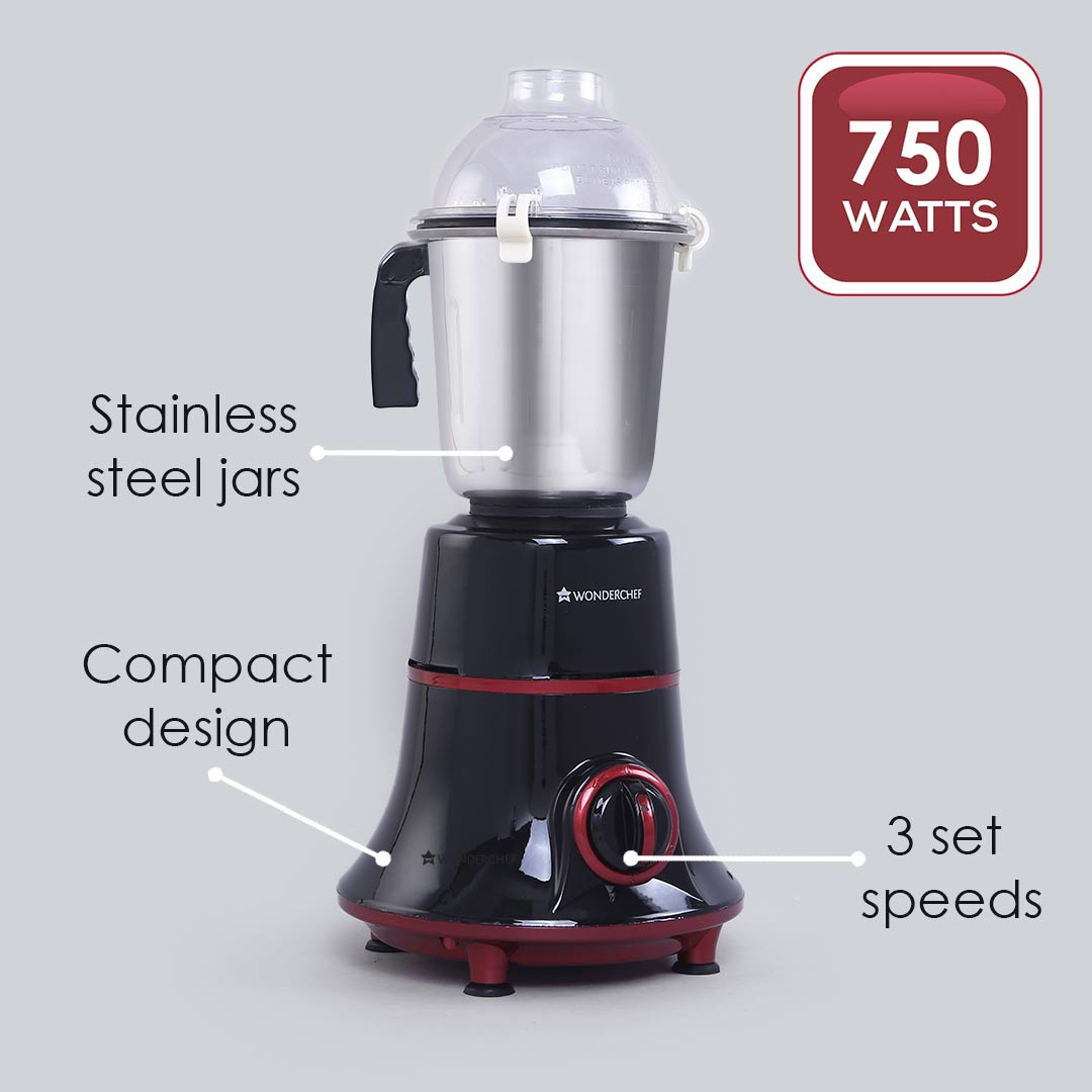 Glory Mixer Grinder,  750 W with 4 Stainless Steel Jars and Anti-rust Stainless Steel Blades, Ergonomic Handles, 5 Years Warranty on Motor