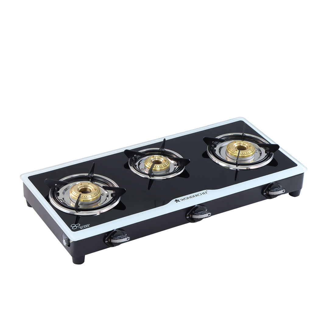 Platinum 3 Burner Glass Cooktop, Black 6mm Toughened Glass with 1 Year Warranty, Ergonomic Knobs, Stainless Steel Drip Tray, Manual Ignition Gas Stove