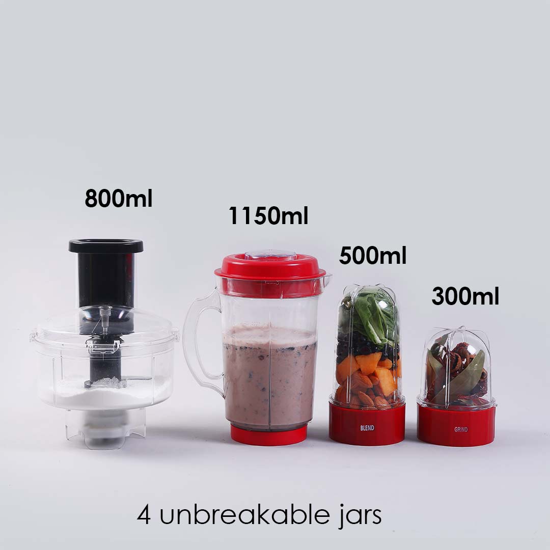 Nutri-blend BOLT-600W Mixer With Compact Food Processor & Atta Kneader, Stronger & Swifter With Sipper Lid, 22000RPM, 4 Unbreakable Jars, Sharper Steel Blades, 2 Yrs Warranty, Red, E-Recipe Book By Chef Sanjeev Kapoor