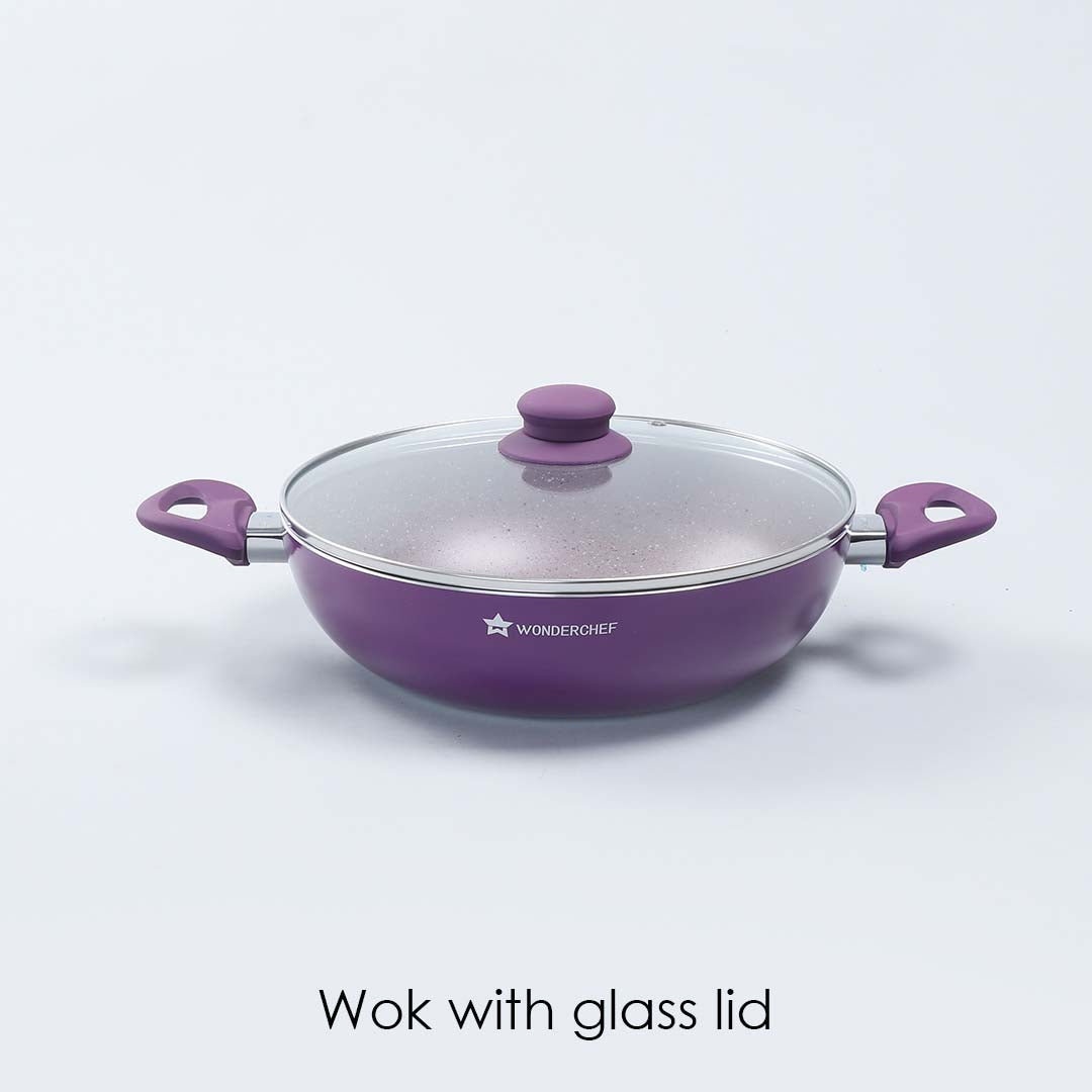 Royal Velvet Non-stick Wok with Lid, Induction bottom, Soft-touch handle, Virgin grade aluminium, PFOA/Heavy metals free, 3 mm, 2 years warranty, Purple