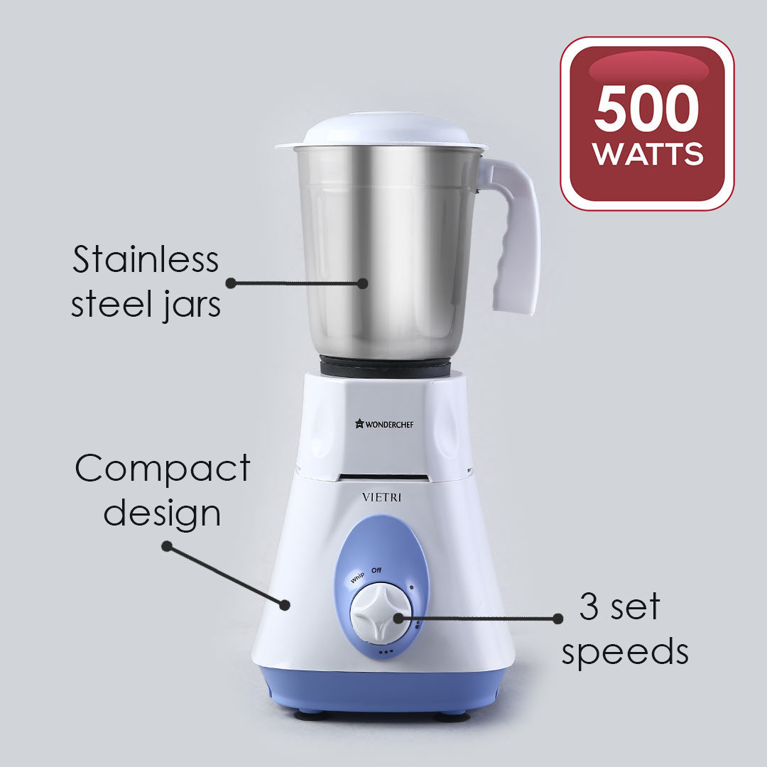 Wonderchef Vietri Mixer Grinder 500W With 3 Stainless Steel Jars (White & Blue)