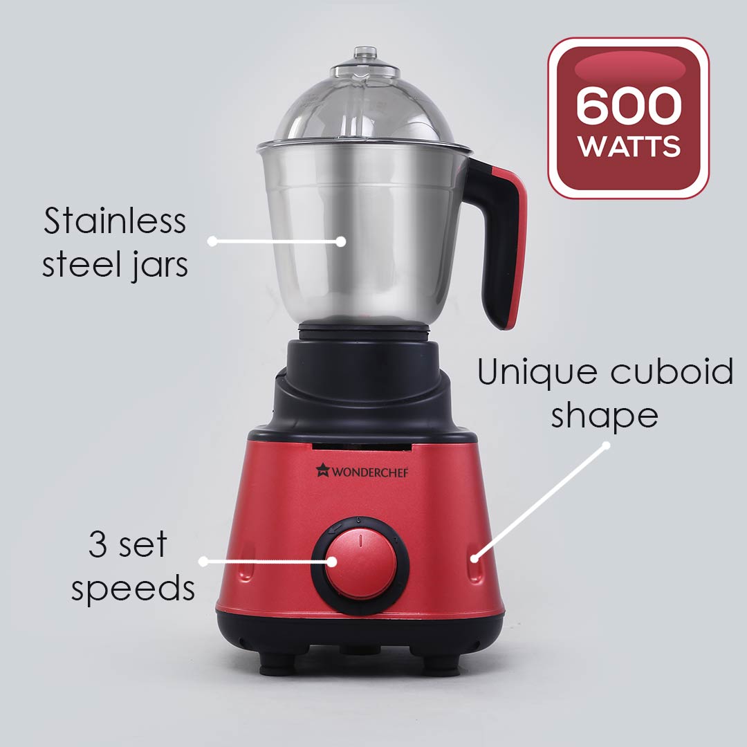 Sumo Mixer Grinder-600W With 3 Stainless Steel Jars and Anti-Rust Stainless Steel Blades, Ergonomic Handles, 5 Years Warranty on Motor, Red and Black