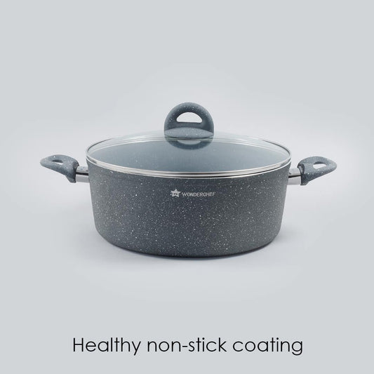 Granite Non-stick Casserole, Induction Bottom, Soft-touch Handle, Virgin Grade Aluminium, PFOA/Heavy metals free, 3.5mm, 2 Years Warranty, Grey