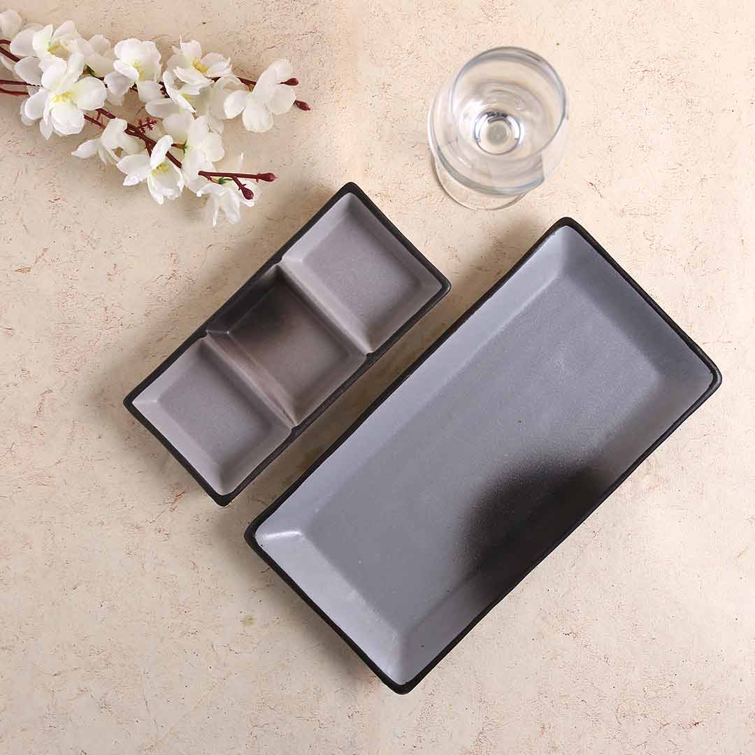 Teramo Stoneware Rectangular Platter 12" x 6"  Grey and 3 Portion Large Tray Grey