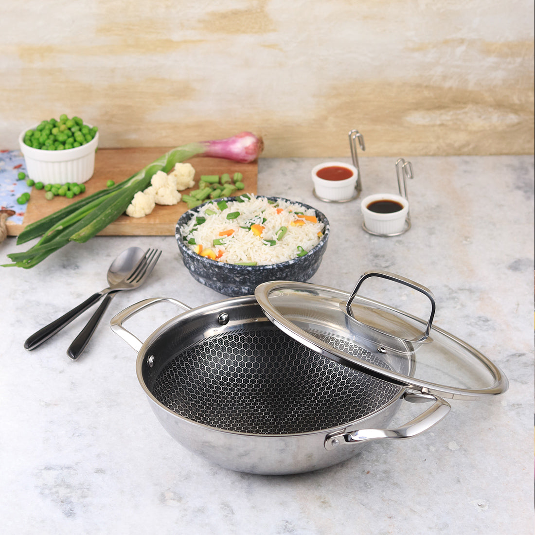 Stanton Stainless Steel Non-stick Kadhai with Lid- 24cm, 2L, 2.5mm, Silver