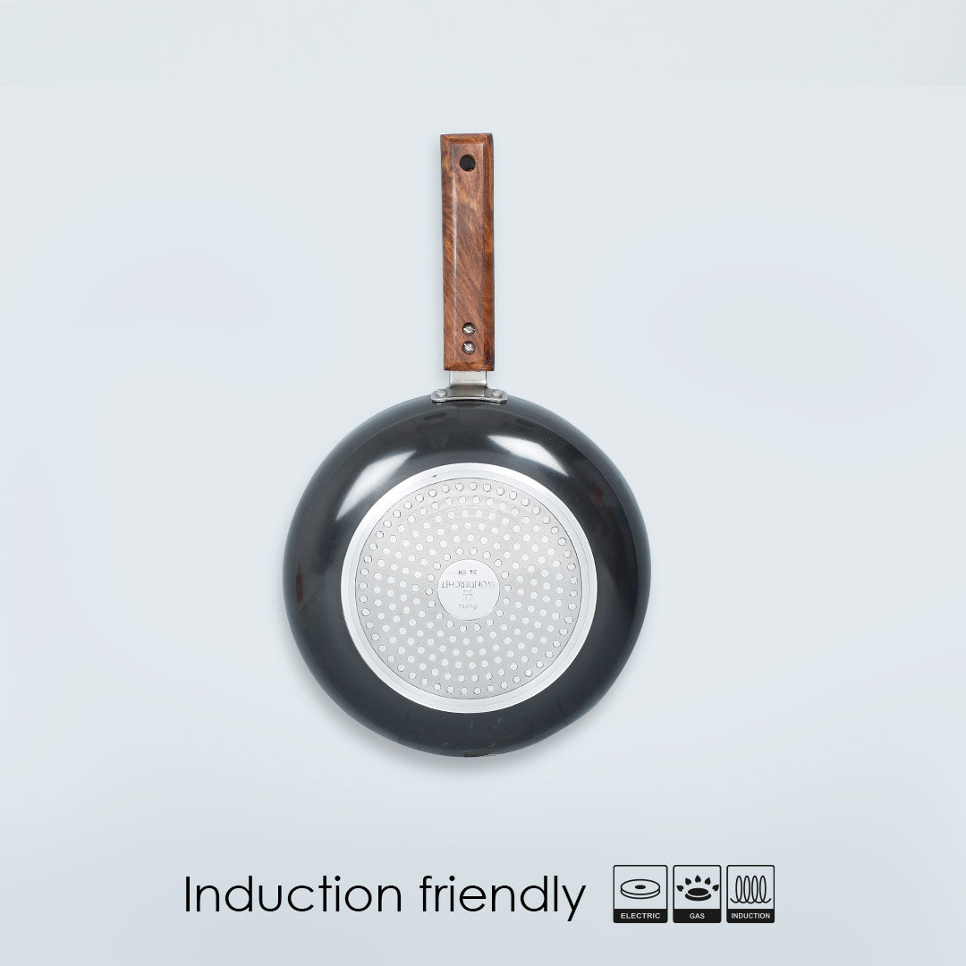 Ebony Fry Pan, Induction Bottom, Wooden Handle, Hard Anodized Aluminium- 24cm, 1.75L, 3.25mm, 5 Years Warranty, Black