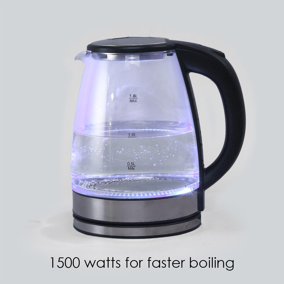 Azure Electric Glass Kettle, 1.8L, Borosilicate Glass Body, Stainless Steel Heating Plate, 1500W, 1 Year Warranty