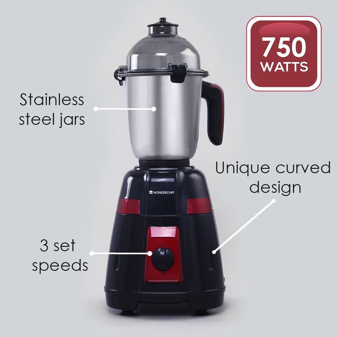 Platinum Mixer Grinder 750W with 4 Stainless Steel Jars And Anti-Rust Stainless Steel Blades, Ergonomic Handles, 5 Years Warranty On Motor,  Black & Crimson