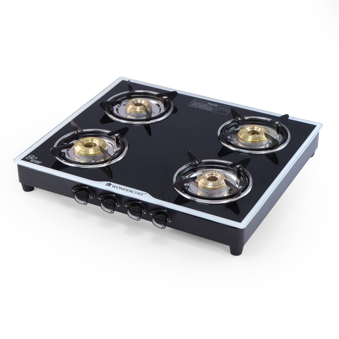 Platinum 4 Burner Glass Cooktop, Black 6mm Toughened Glass with 1 Year Warranty, Ergonomic Knobs, Stainless Steel Drip Tray, Manual Ignition Gas Stove