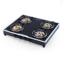 Load image into Gallery viewer, Platinum 4 Burner Glass Cooktop, Black 6mm Toughened Glass with 1 Year Warranty, Ergonomic Knobs, Stainless Steel Drip Tray, Manual Ignition Gas Stove