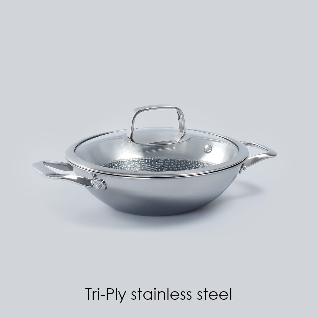 Stanton Stainless Steel Non-stick Kadhai with Lid- 24cm, 2L, 2.5mm, Silver