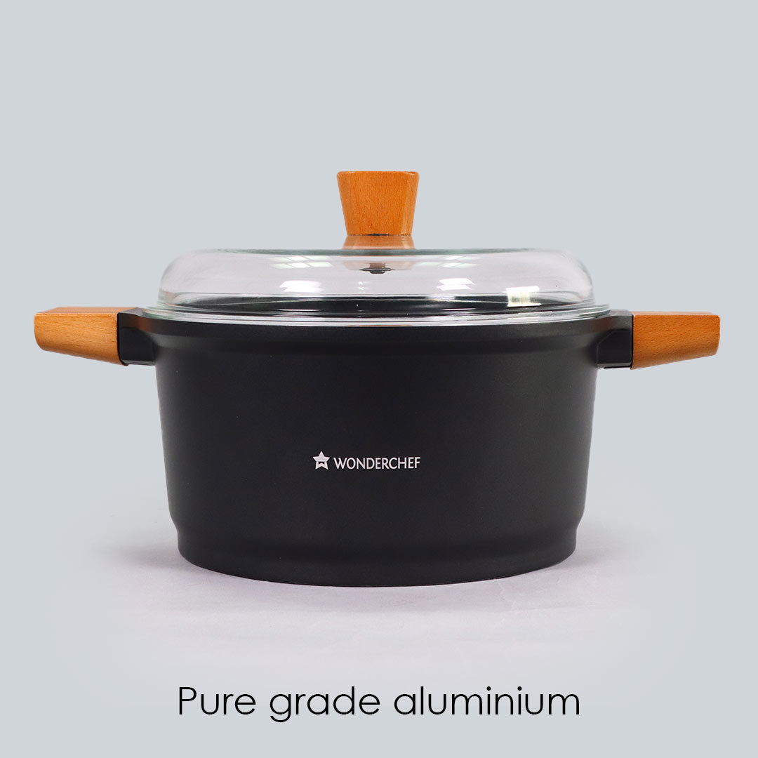 Caesar Non-Stick Casserole with Lid, German Beechwood Handle, Pure Grade Aluminium, Induction Bottom, 5mm, Black,  5 Years Warranty