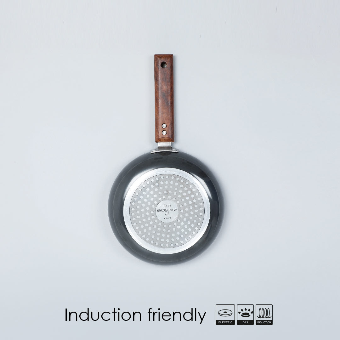 Ebony Deep Fry Pan with Lid, Induction Bottom, Wooden Handle, Hard Anodized Aluminium-  3.25mm, 5 Years Warranty, Grey