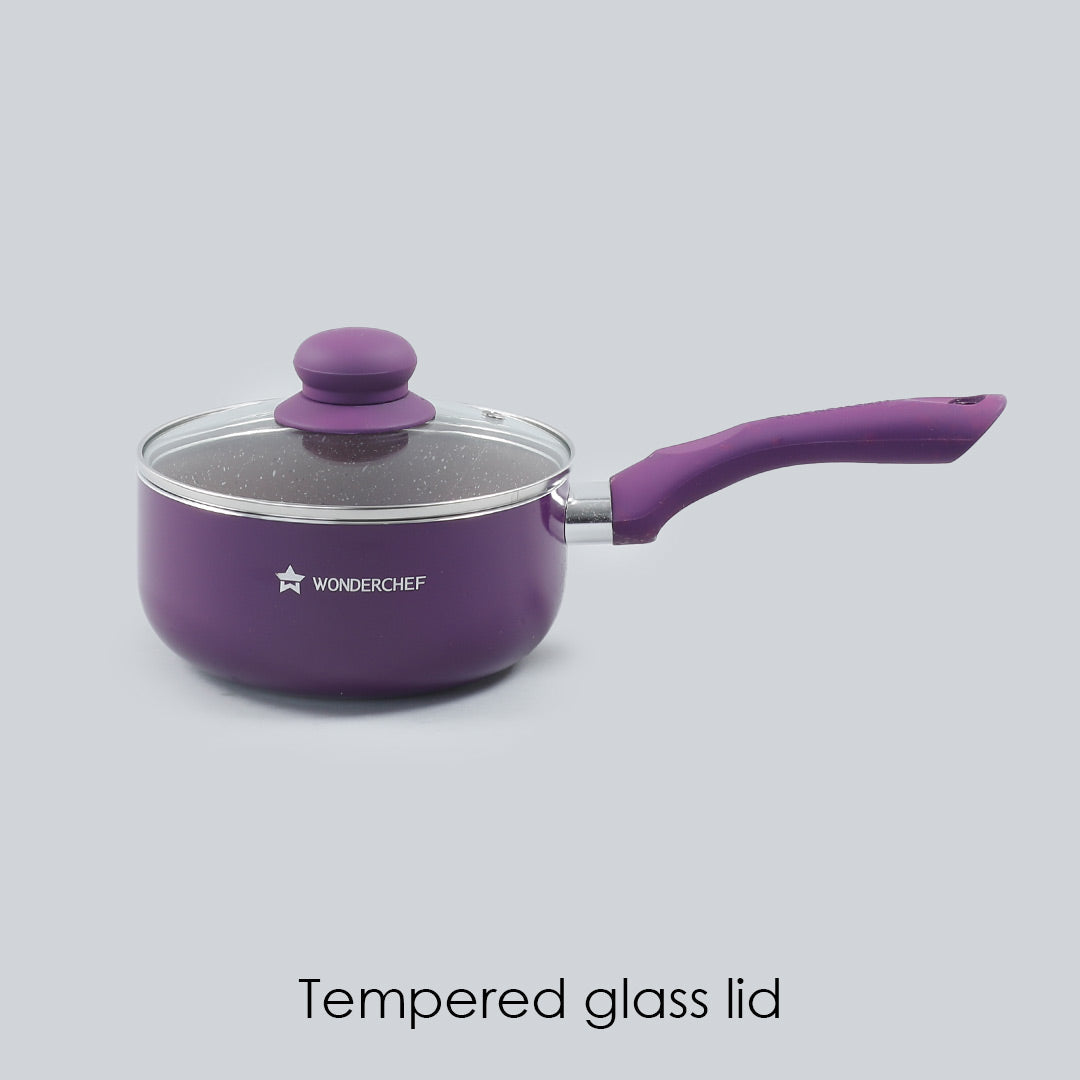 Royal Velvet Non-stick Sauce Pan with Lid, Induction bottom, Soft-touch handle, Virgin grade aluminium, PFOA/Heavy metals free, 3 mm, 2 years warranty, Purple