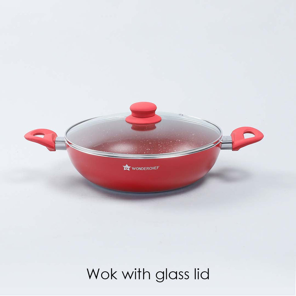 Royal Velvet Non-stick Wok with Lid, Induction bottom, Soft-touch handle, Virgin grade aluminium, PFOA/Heavy metals free, 3 mm, 24cm, 2.7 Litres, 2 years warranty, Red