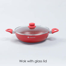 Load image into Gallery viewer, Royal Velvet Non-stick Wok with Lid, Induction bottom, Soft-touch handle, Virgin grade aluminium, PFOA/Heavy metals free, 3 mm, 24cm, 2.7 Litres, 2 years warranty, Red