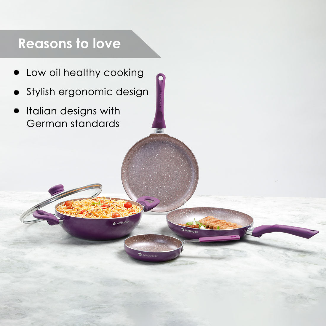 Royal Velvet Non-stick Cookware Set, 5Pc (Fry Pan with Lid, Wok, Dosa Tawa, Mini Fry Pan) Induction bottom, Soft-touch handles, Virgin Grade Aluminium, PFOA/Heavy Metals Free, 3mm, 2 Years Warranty, Purple