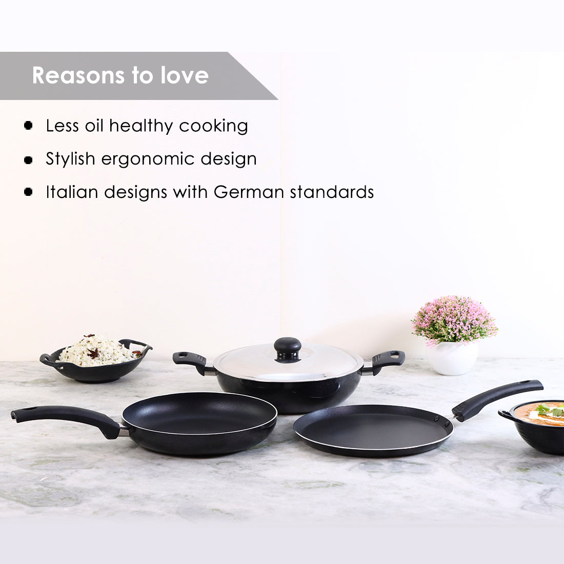 Platinum Plus Non-stick Cookware Set, 4Pc (Kadhai with Lid, Fry Pan, Dosa Tawa), Cool-touch Bakelite Handle, Pure Grade Aluminium, PFOA/Heavy Metals Free, 1 Year Warranty, Black