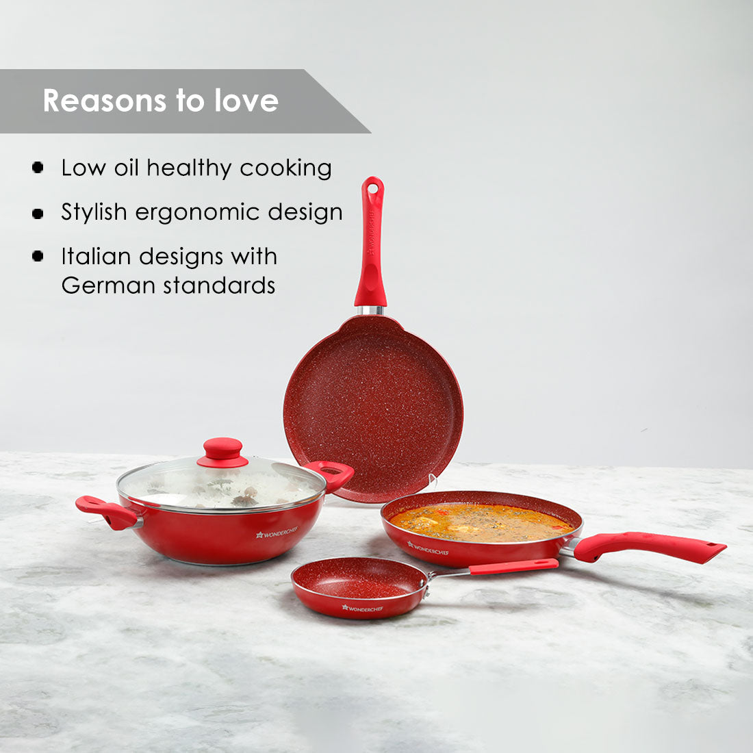 Royal Velvet Non-stick Cookware Set, 5Pc (Fry Pan with Lid, Wok, Dosa Tawa, Mini Fry Pan) Induction bottom, Soft-touch handles, Virgin Grade Aluminium, PFOA/Heavy Metals Free, 3 mm, 2 Years Warranty, Red