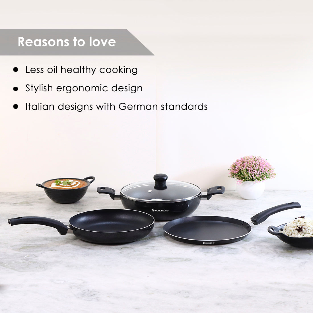 Platinum Plus Non-stick Cookware Set, 4Pc (Kadhai with Lid, Fry Pan, Dosa Tawa), Induction Bottom, Cool-touch Bakelite Handle, Pure Grade Aluminium, PFOA/Heavy Metals Free, 1 Year Warranty, Black