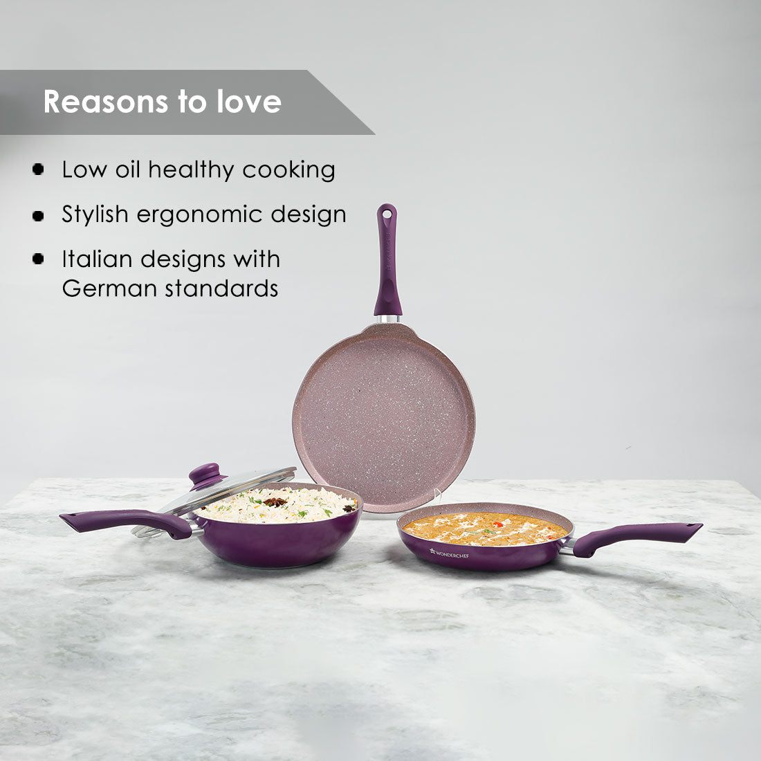 Royal Velvet Non-stick Cookware Set, 4Pc (Fry Pan with Lid, Wok, Dosa Tawa) 3mm, 2 Years Warranty, Purple