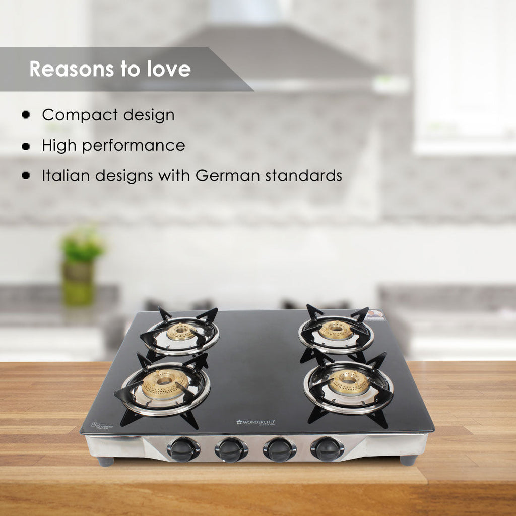 Energy 4 Burner Glass Cooktop, Black 8mm Toughened Glass  with 1 Year Warranty, Soft Touch Knobs, Efficient Brass Burners, Stainless Steel Double Drip Tray